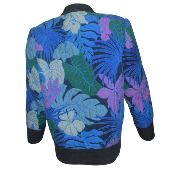 Vintage 80s Silk Quilted Jacket Cardigan Tropical Leaves Floral 14 L - Picture 3 of 9